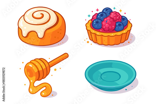 Sweet breakfast and dessert items including a cinnamon bun, berry tart, and honey dipper