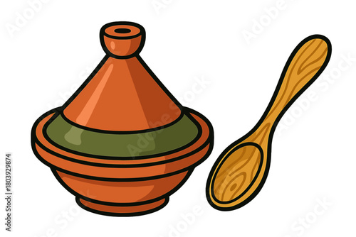 Ceramic tagine cooking vessel with conical lid and wooden serving spoon