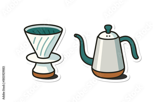 Manual coffee brewing equipment sticker set featuring dripper and gooseneck kettle