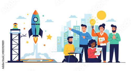 A diverse team of professionals celebrates the successful launch of a rocket, symbolizing business growth and innovation.