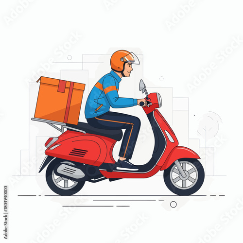 A delivery person in an orange helmet rides a red scooter with an orange delivery box on the back.