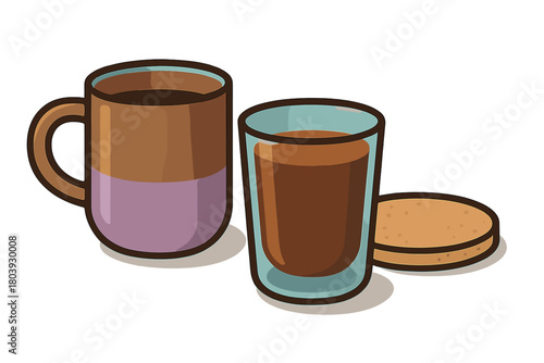 Two cups of hot beverage, one ceramic mug and one glass tumbler, served with a biscuit