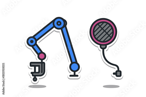 Professional studio microphone boom arm stand and pop filter screen for audio recording and broadcasting