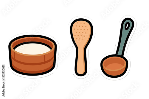 Traditional Japanese bath accessories set including wooden bucket, paddle, and ladle for bathing ritual