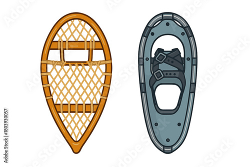 Traditional wooden snowshoe compared to modern aluminum snowshoe for winter trekking
