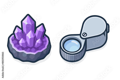 Purple Amethyst Crystal Geode Cluster and Jeweler's Loupe for Gemstone Inspection