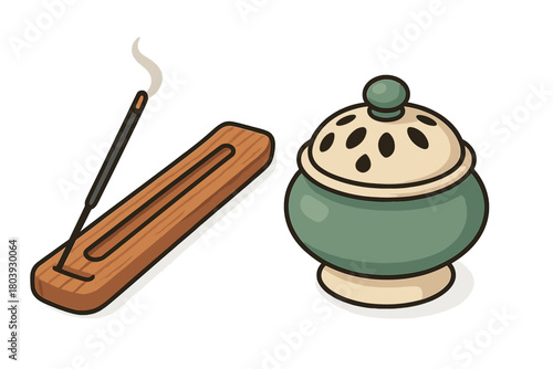 Aromatic incense stick burning in wooden holder next to ceramic censer