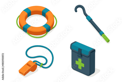 Isometric essential rescue and safety equipment: lifebuoy, whistle, and first aid kit