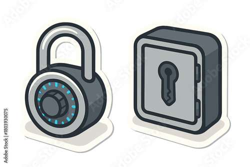 Combination padlock and safe box security icon stickers for digital protection
