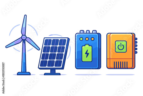 Wind turbine, solar panel, battery storage, and power inverter for renewable energy system