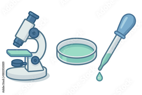 Scientific laboratory equipment set featuring microscope, petri dish, and pipette dropper