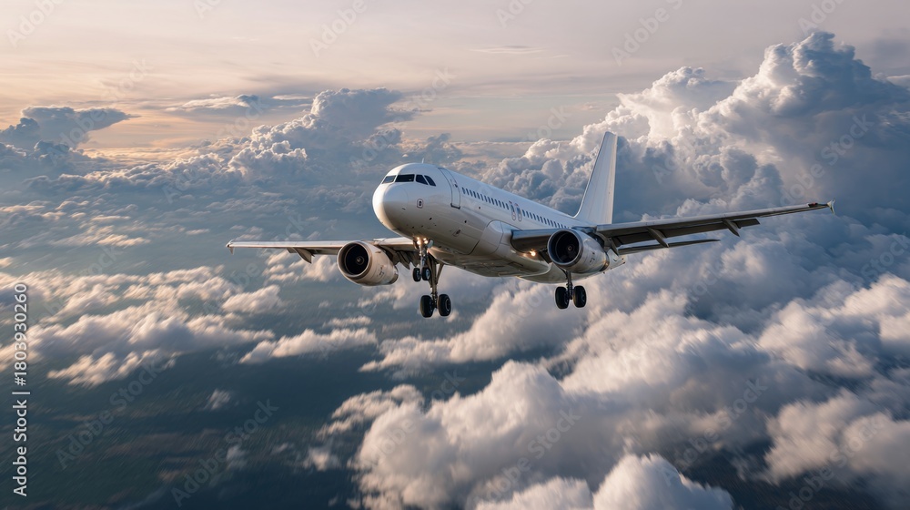Fototapeta premium White passenger airplane descending through dramatic cumulus clouds at sunset lighting