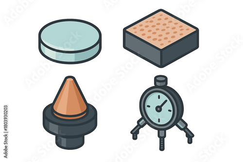 Isometric set of precision measuring devices, material samples, and industrial components
