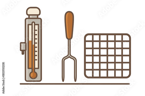 Set of essential barbecue tools including thermometer, fork, and grilling basket