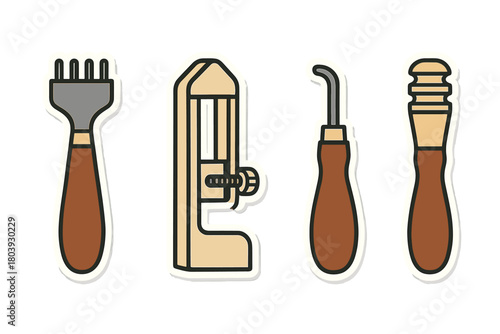 Set of essential leather crafting tools including stitching chisels skivers and edge bevelers
