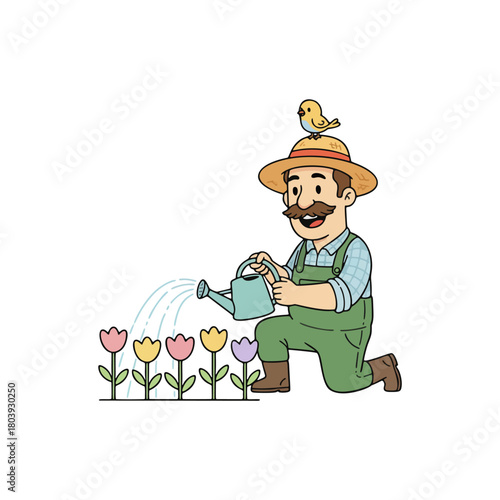 A smiling cartoon gardener nurturing colorful spring tulips with a watering can, a cheerful bird resting on his straw hat during a peaceful day of outdoor plant care