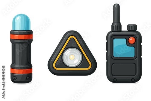 Essential survival gear featuring a two-way radio, signal beacon, and portable work light