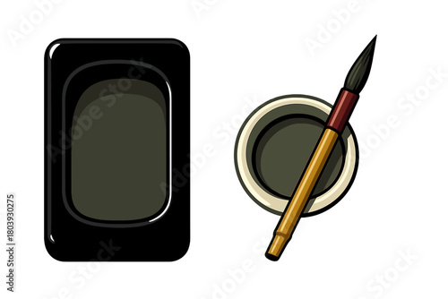Traditional Asian calligraphy tools including anstone, a fine brush, and an ink pot setup