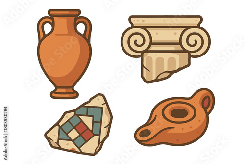 Ancient Greek and Roman historical artifacts: Amphora, column capital, oil lamp, and mosaic