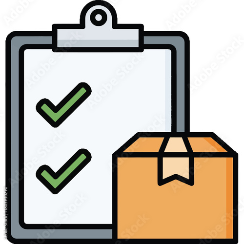 Shipping and delivery checklist icon with a package and two green checkmarks on a clipboard