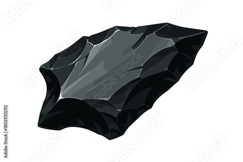 Dark gray fractured piece of flint or obsidian stone with sharp edges and glossy surface