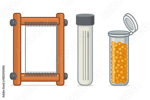 Small wooden weaving loom, needles in a tube, and a container filled with orange beads