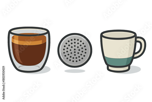 Set of coffee brewing and serving elements including espresso cup, filter screen, and ceramic mug