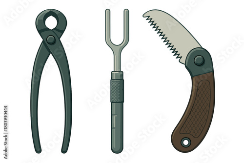 Three essential tools for gardening and bonsai maintenance including nippers, a root hook, and a folding saw