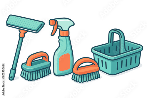 Essential household cleaning equipment set featuring brushes, spray bottle, squeegee, and supply caddy