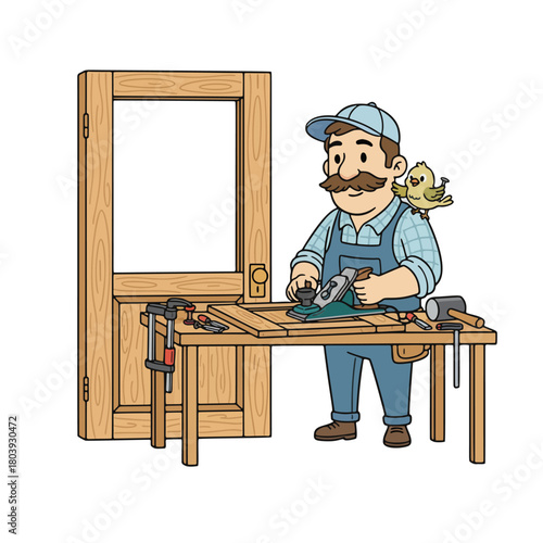 Skilled Carpenter Crafting a Wooden Door with Hand Plane, a Meticulous Woodworker Focused on Traditional Joinery and Precision Craftsmanship in his Workshop