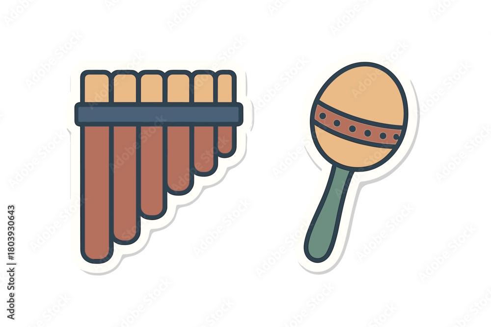 Obraz premium Stylized sticker icons of a pan flute and maraca representing traditional music and rhythm