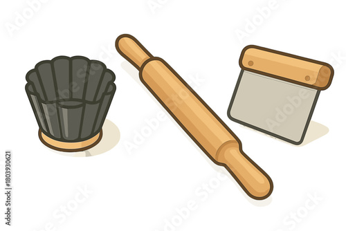 Essential kitchen equipment for baking pastry including a rolling pin and dough scraper