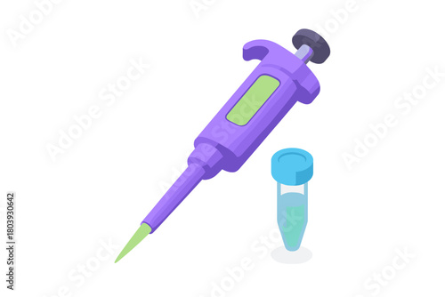 Isometric view of a laboratory micropipette and a microcentrifuge tube containing liquid