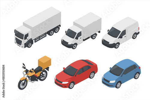 Isometric collection of delivery and passenger vehicles trucks van motorcycle sedan hatchback