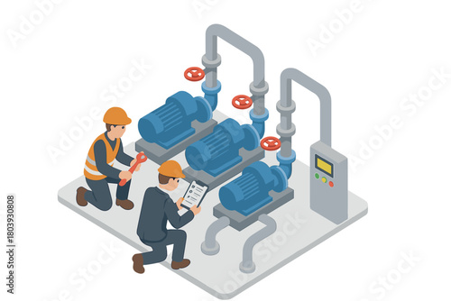 Two technicians checking the status and performing repairs on large industrial water pumps