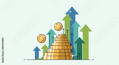 Illustration of stacked coins and upward trending arrows symbolizing financial growth and investment success.