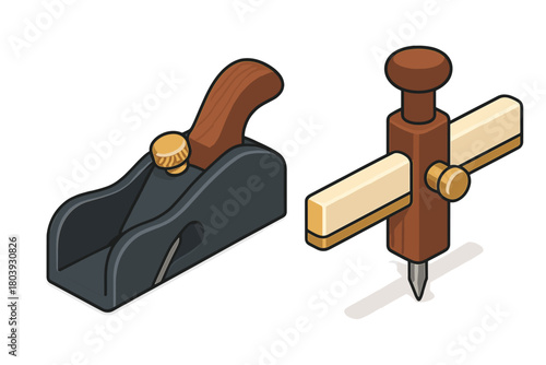 Woodworking hand tools including a block plane and a wooden marking gauge on white background