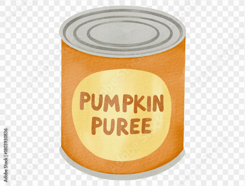 Watercolor pumpkin puree can illustration for autumn cooking and Thanksgiving recipe element. Vector.