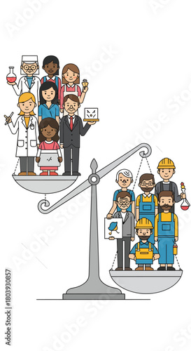 Illustration of a scale balancing a group of professionals against a group of laborers, symbolizing economic disparity.