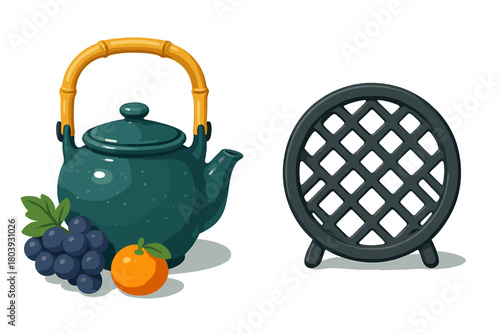 Traditional Japanese Teapot with Bamboo Handle, Cast Iron Trivet and Fresh Fruit