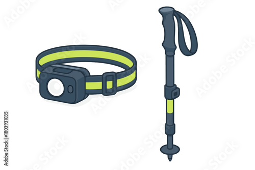 Headlamp and adjustable trekking pole essential equipment for outdoor hiking and camping