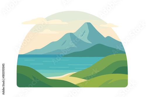 Majestic mountain landscape with turquoise water and rolling green hills under a pale sky