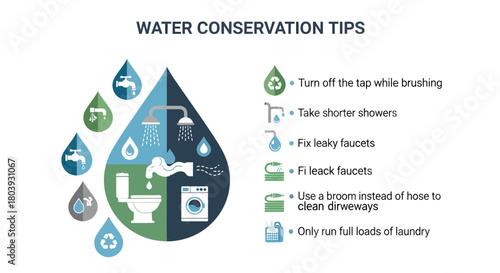 Infographic illustrating various water conservation tips for everyday life, emphasizing saving water at home and outdoors.