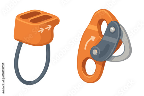 Pair of orange and gray climbing gear belay devices for rappelling and rope control