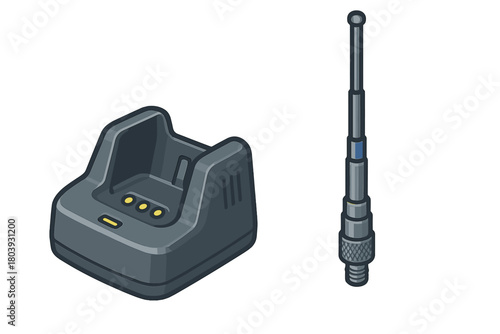 Two-way radio charging station cradle and telescopic antenna accessory