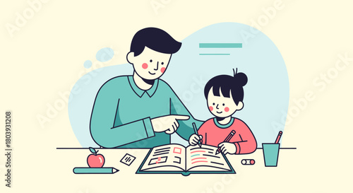 A father patiently helps his daughter with her homework at a desk, pointing to the book.