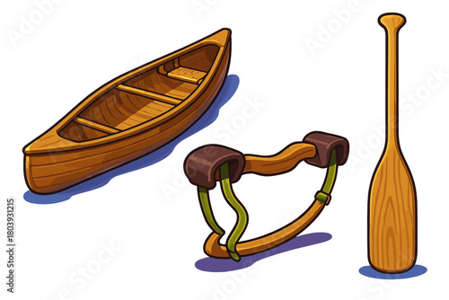 Traditional wooden canoe, paddle, and slingshot isolated on white background