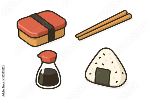 Japanese cuisine set with sushi, onigiri rice ball, soy sauce, and chopsticks in isometric view