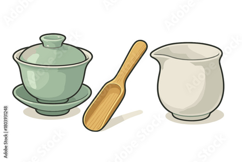 Traditional Chinese tea ceremony set with Gaiwan, wooden scoop, and fairness cup