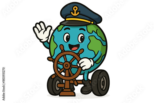 Cartoon Earth mascot wearing a captain hat steering a ship wheel and waving